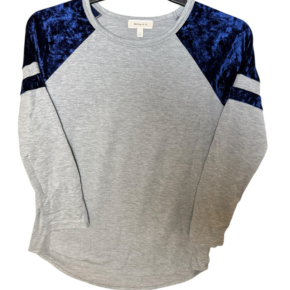 Hailey & Co. Gray w/ Navy Blue Velvet Raglan Long Sleeve Baseball Tee Super Soft - Picture 7 of 11